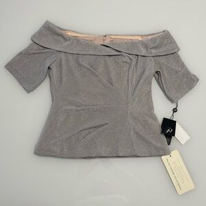 Adrianna Papell Silver Shimmer Off-The-Shoulders Top New with Tags
